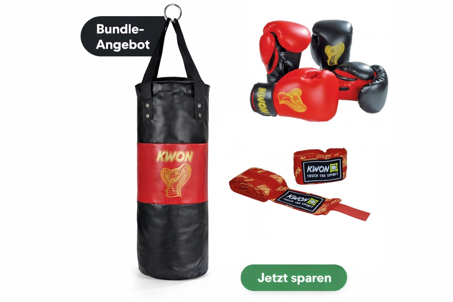 Kwon Boxsack Cobra, Boxhandschuhe Cobra 6oz & Boxbandage Cobra unelastisch 1,5 m